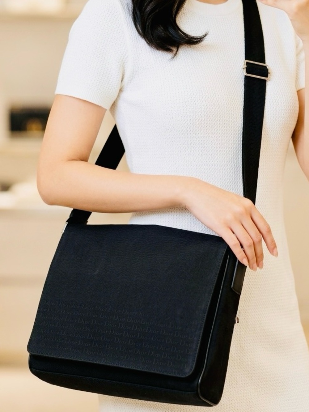 DIOR Italy Canvas Leather Trim Messenger Bag